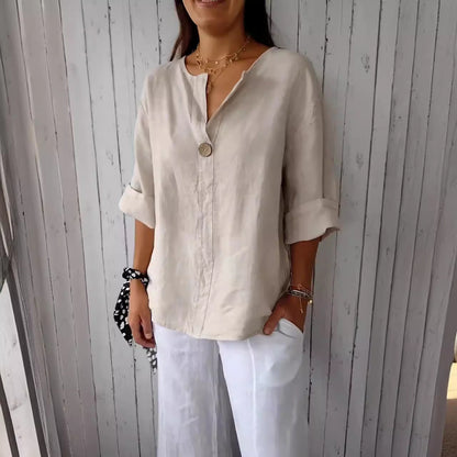 SILVIA | Linnen Blouse Dames met V-hals en Houten Knoop – Luchtige Zomer Top