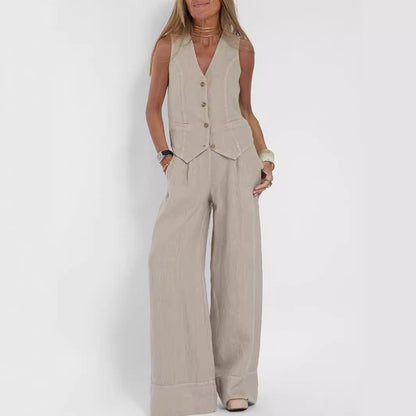 BENTHE | Twee-Delige Linnen Look Set – Gilet met Wijde Broek voor Dames