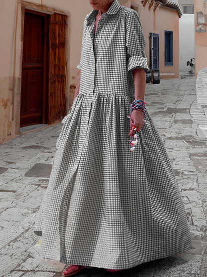LIZIE | Gingham Maxi Overhemdjurk – Tijdloze Elegantie in Roze, Blauw & Donkergrijs