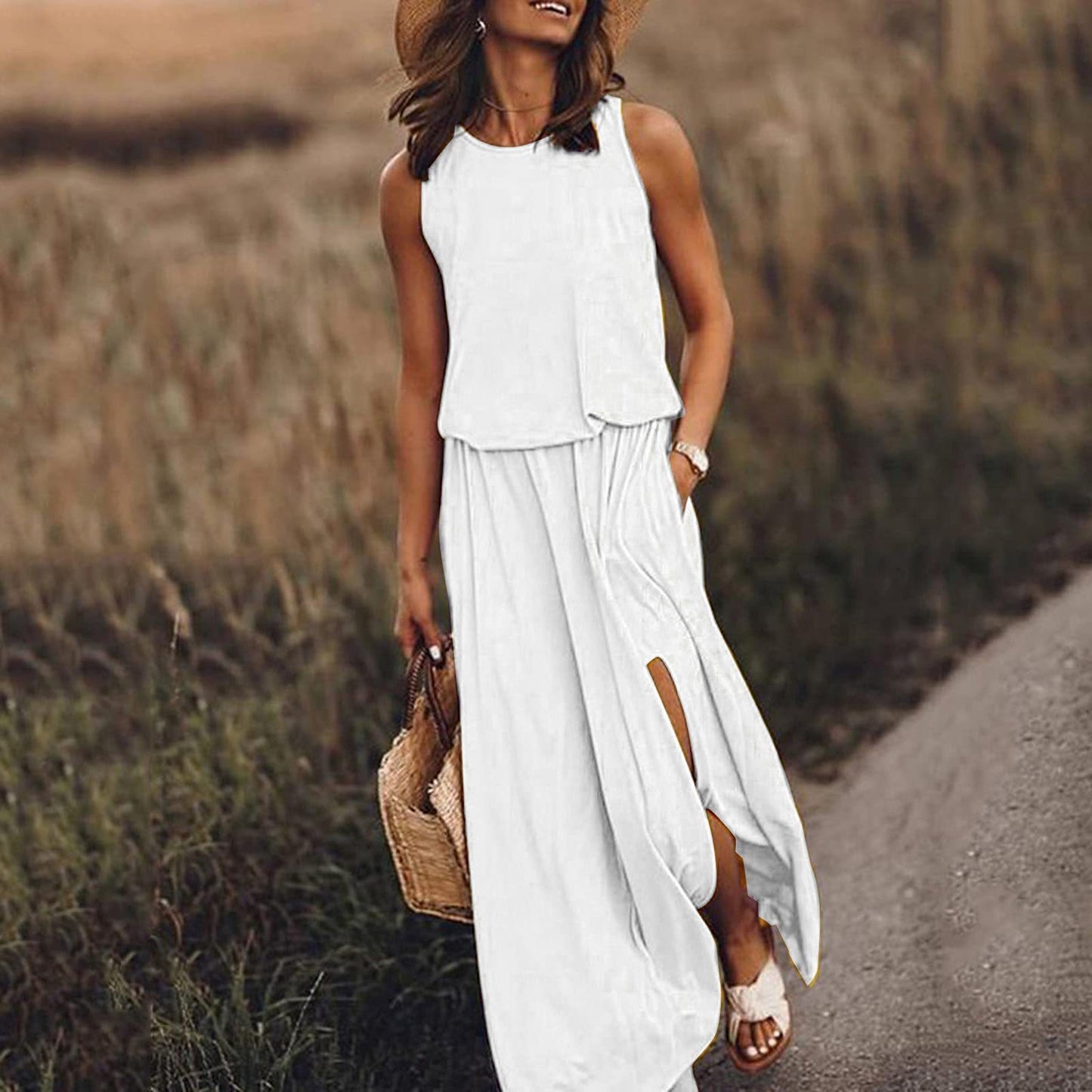 ZENDAYA | Mouwloze Maxi Jurk met Split – Casual Zomerjurk met Pockets
