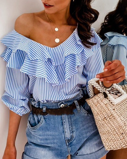 LOUA | Gestreepte Blouse met Ruffles – Stijlvolle Zomerlook van Katoen
