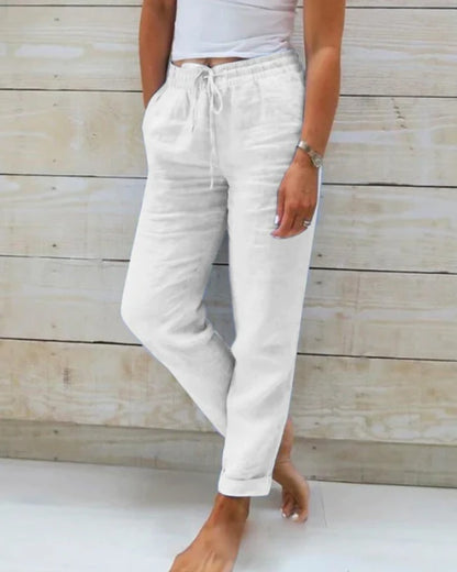 LOT | Dames Linnen Broek  – Luchtige Zomerbroek met Elastische Taille en Steekzakken
