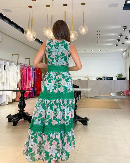 LOLITA | Romantische Gebloemde Maxi Jurk – Zomerse Elegantie in Groene of Witte Tinten