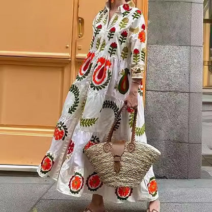 TISCHA | Geborduurde Boho Maxi Jurk – Kleurrijke Zomerjurk met Bloemenprint