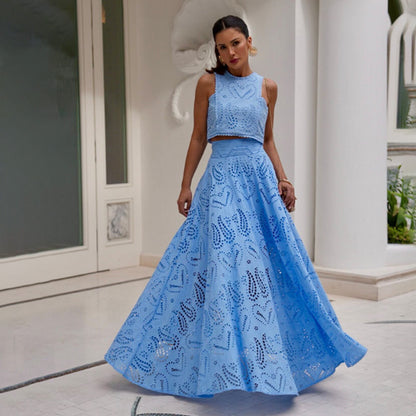 SYLVANA | Maxi Jurk met Broderie – Mouwloze Zomerse Jurk met Opengewerkte Details