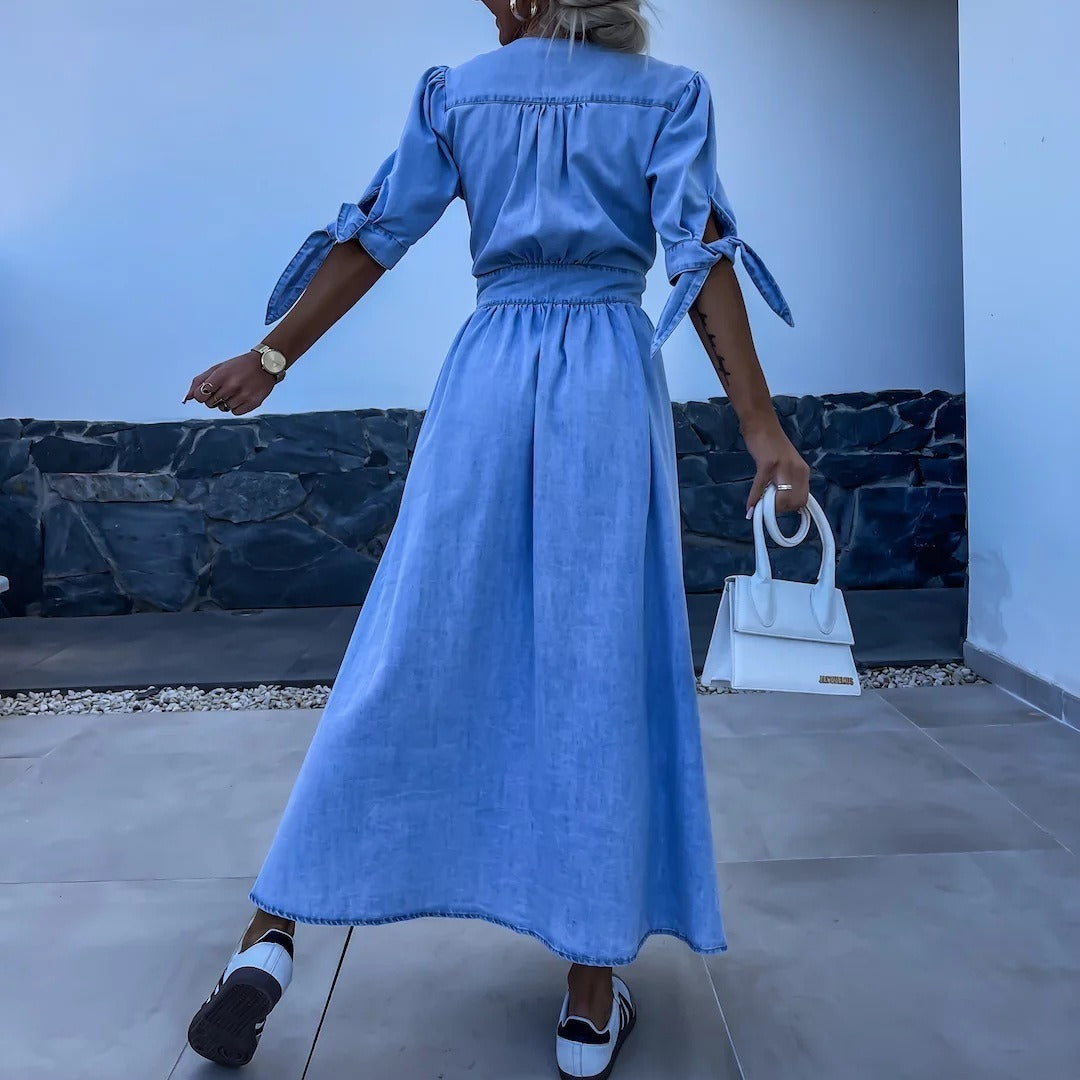 FELICIA | Denim Maxi Jurk – Casual Chic met Knopen & Strikmouwen