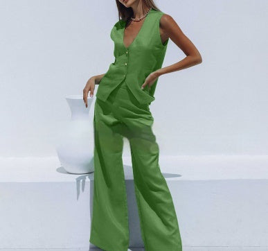 HAILEY | Two-Piece Set – Mouwloos Gilet & Wide-Leg Broek voor een Statement Zomerlook