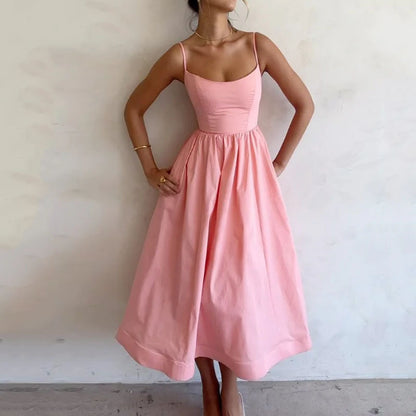 ALISON | Zomerse Midi Jurk Dames – Spaghettibandjes en Wijd Uitlopende Rok