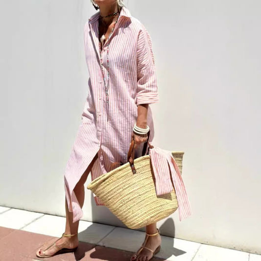 LINNE | Gestreepte Oversized Shirtjurk – Zomerse Damesjurk met Knoopsluiting en Split