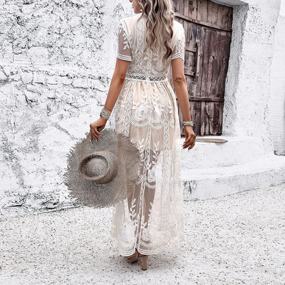KELSY | Bohemian Kantjurk met V-Hals – Romantische Strandlook