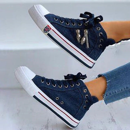 FREDERIQUE | High Top Denim Sneakers Dames met Skull Rits – Stoere Canvas Streetwear Schoenen