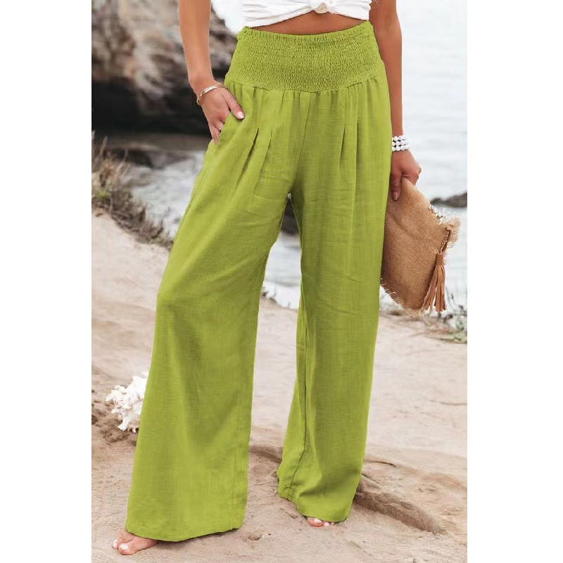 LEONORE | Linnen Look Wide Leg Broek Dames –  Hoge Taille Zomerbroek met Elastische Band