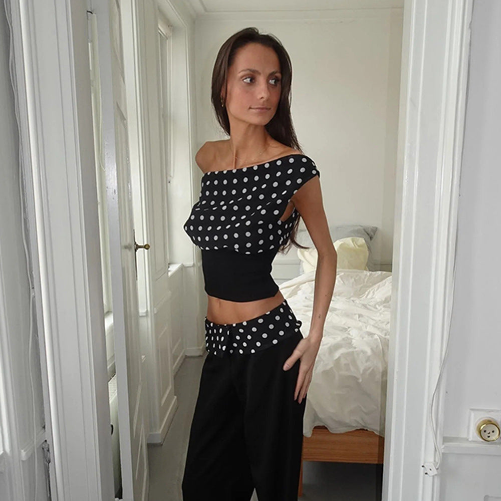 TRACY | Polkadot Crop Top Dames – Off-Shoulder Top met Open Rug en Vetersluiting