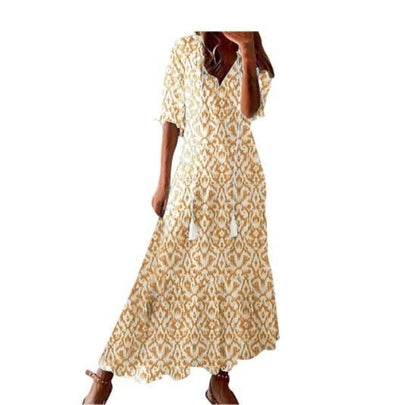 LIESE | Bohemian Maxi Jurk Dames – Zomerjurk met Print, V-Hals en Kwastjes