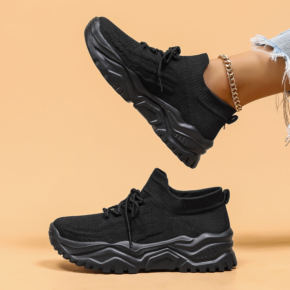 CLAUDINE | Chunky Sneakers Dames met Knit Detail – Comfortabele Urban Schoenen