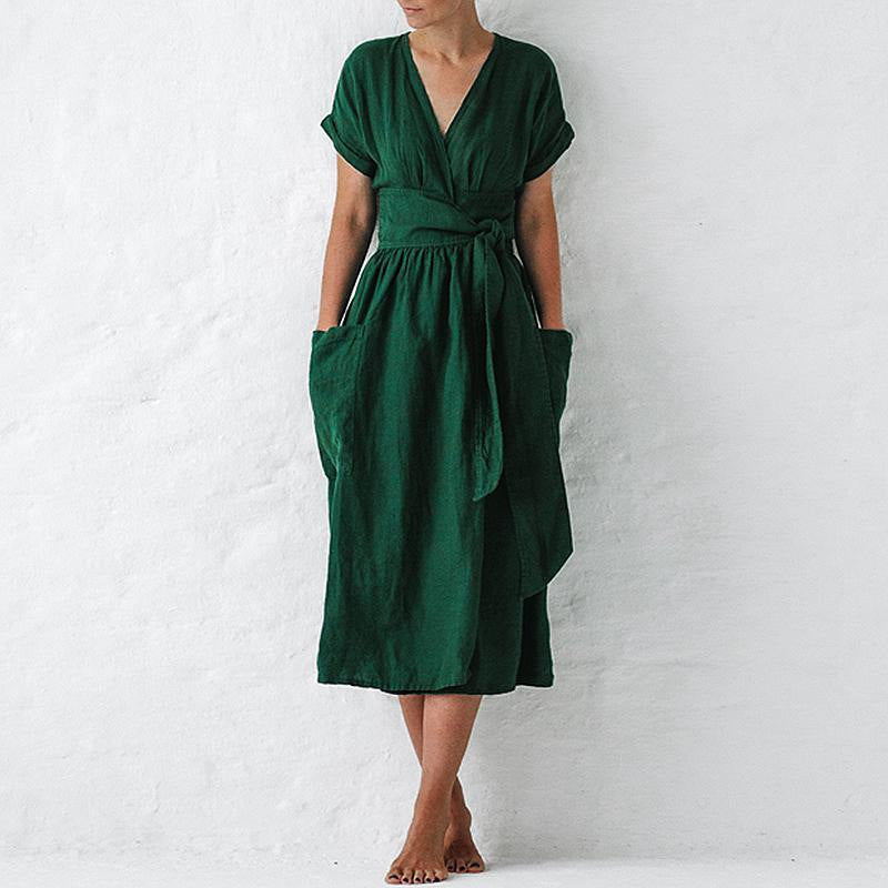 ROSALIEN | Linnen Midi Jurk met Overslag – Comfort & Elegantie in één