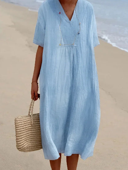 POLIEN | Luchtige Linnenlook Strandjurk Dames – Korte Mouwen & Losvallend Model