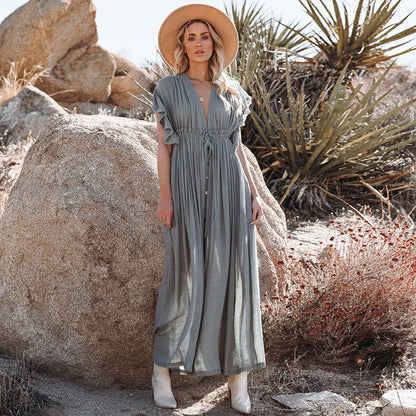 DANIELLE | Boho Maxi Jurk met Knoopsluiting – Roesjes & V-Hals