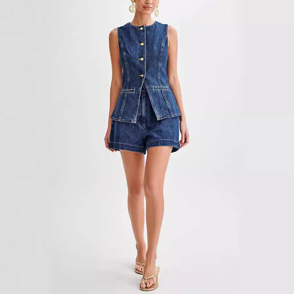 LINSEY |  Denim Gilet en Shorts Set Dames – Trendy Zomeroutfit van Stevig Denim