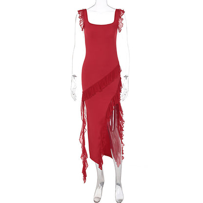 KATY | Ruffle Split Maxi Jurk – Speelse Elegantie met Ruches