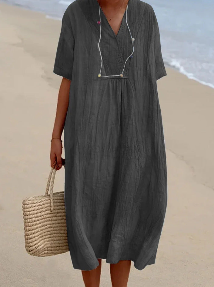 POLIEN | Luchtige Linnenlook Strandjurk Dames – Korte Mouwen & Losvallend Model