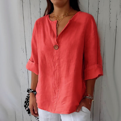 SILVIA | Linnen Blouse Dames met V-hals en Houten Knoop – Luchtige Zomer Top