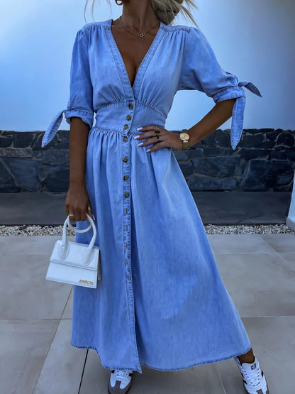 FELICIA | Denim Maxi Jurk – Casual Chic met Knopen & Strikmouwen