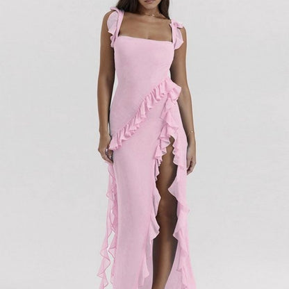 KATY | Ruffle Split Maxi Jurk – Speelse Elegantie met Ruches