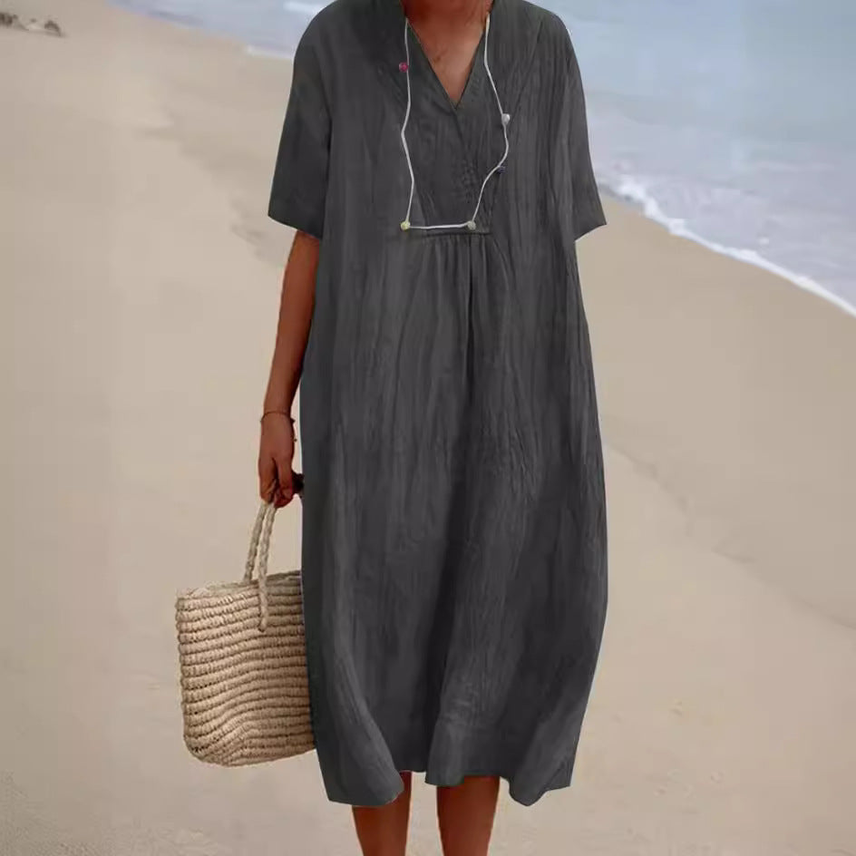 POLIEN | Luchtige Linnenlook Strandjurk Dames – Korte Mouwen & Losvallend Model