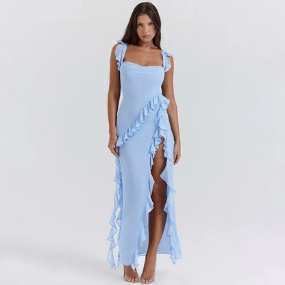 KATY | Ruffle Split Maxi Jurk – Speelse Elegantie met Ruches