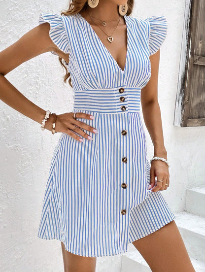 DOUTZEN | Zomerjurk met Streepprint & Knoopsluiting – Blauwwit, V-hals, Mouwloos & Elegante Pasvorm