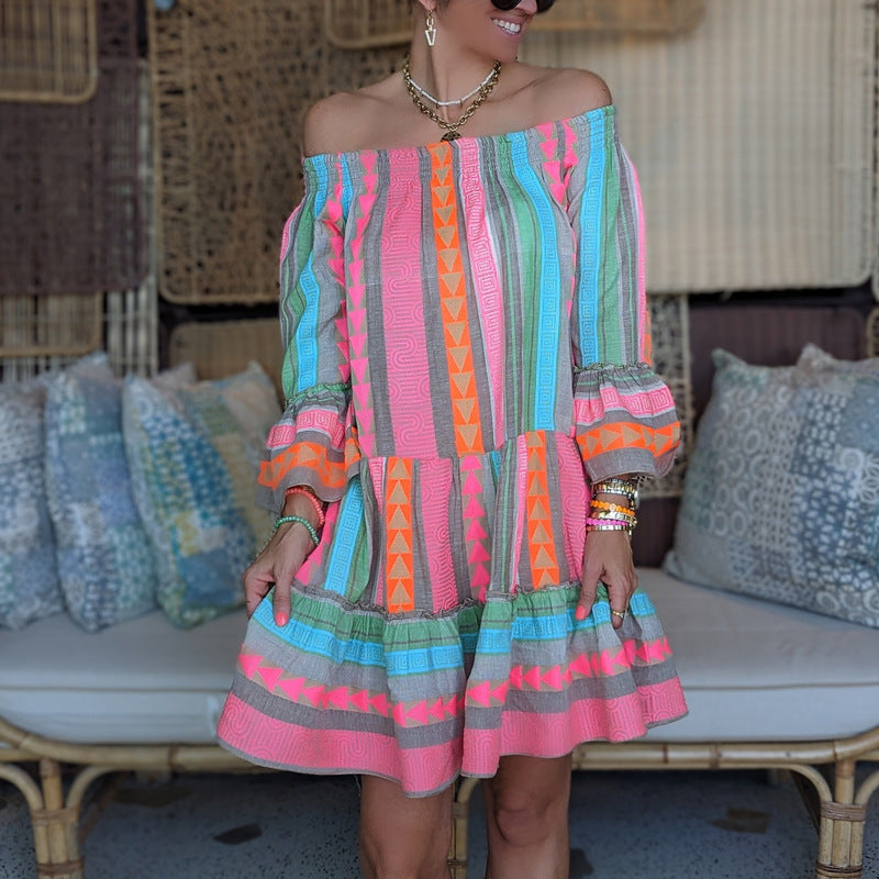 MILOU | Bohemian Off-Shoulder Zomerjurk – Korte Kleurrijke Jurk met Print