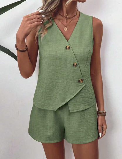 NENA | Tweedelige Zomerset Dames – Mouwloze Top & Short met Knoopdetail