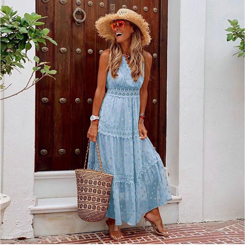 SHIRA | Zomerse Maxi Jurk Dames - Jurk met Kant en Stippen - Strandjurk