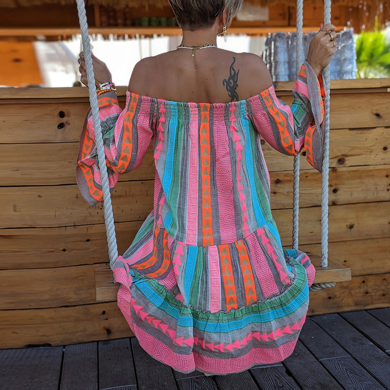 MILOU | Bohemian Off-Shoulder Zomerjurk – Korte Kleurrijke Jurk met Print