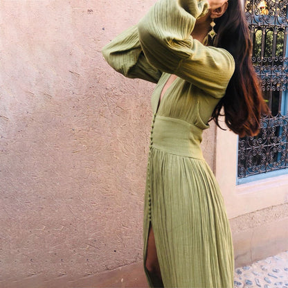KATELIJN | Bohemian Maxi Jurk met Knoopsluiting – Luchtige Lange Mouwen