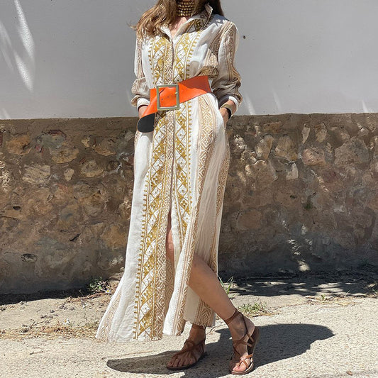AYANA | Boho Maxi Jurk met Etnisch Borduursel – Luxe Doorknoopjurk