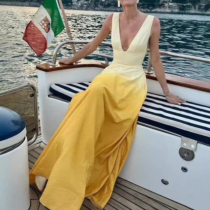 JULIENNE | Zomerse Maxi Jurk – Ombre Geel met Verleidelijke V-hals