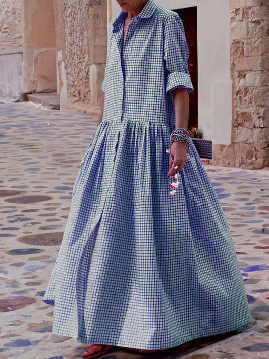 LIZIE | Gingham Maxi Overhemdjurk – Tijdloze Elegantie in Roze, Blauw & Donkergrijs