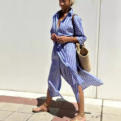 LINNE | Gestreepte Oversized Shirtjurk – Zomerse Damesjurk met Knoopsluiting en Split