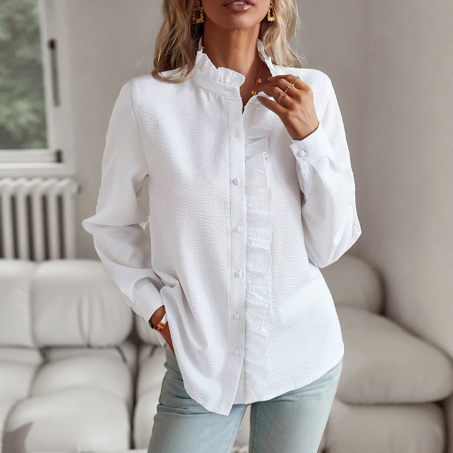 MARTHE | Ruffle Blouse met Opstaande Kraag – Elegante Damesblouse in Meerdere Kleuren