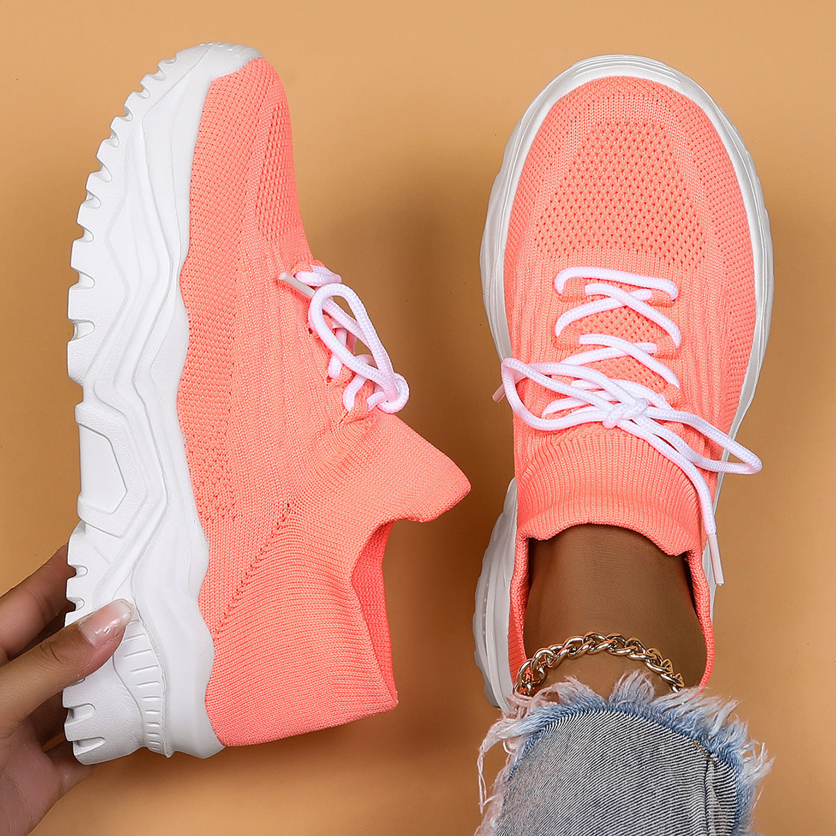 CLAUDINE | Chunky Sneakers Dames met Knit Detail – Comfortabele Urban Schoenen