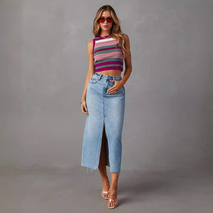 JUTA | Denim Split Rok – High Waist Musthave in Two-Tone Katoen