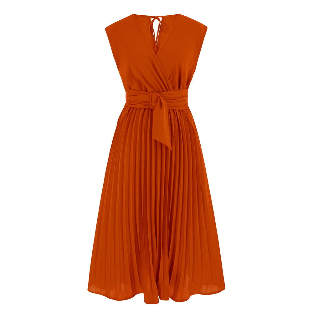 HALINA | Plissé Midi Jurk met V-Hals en Strik –  Meerdere Kleuren