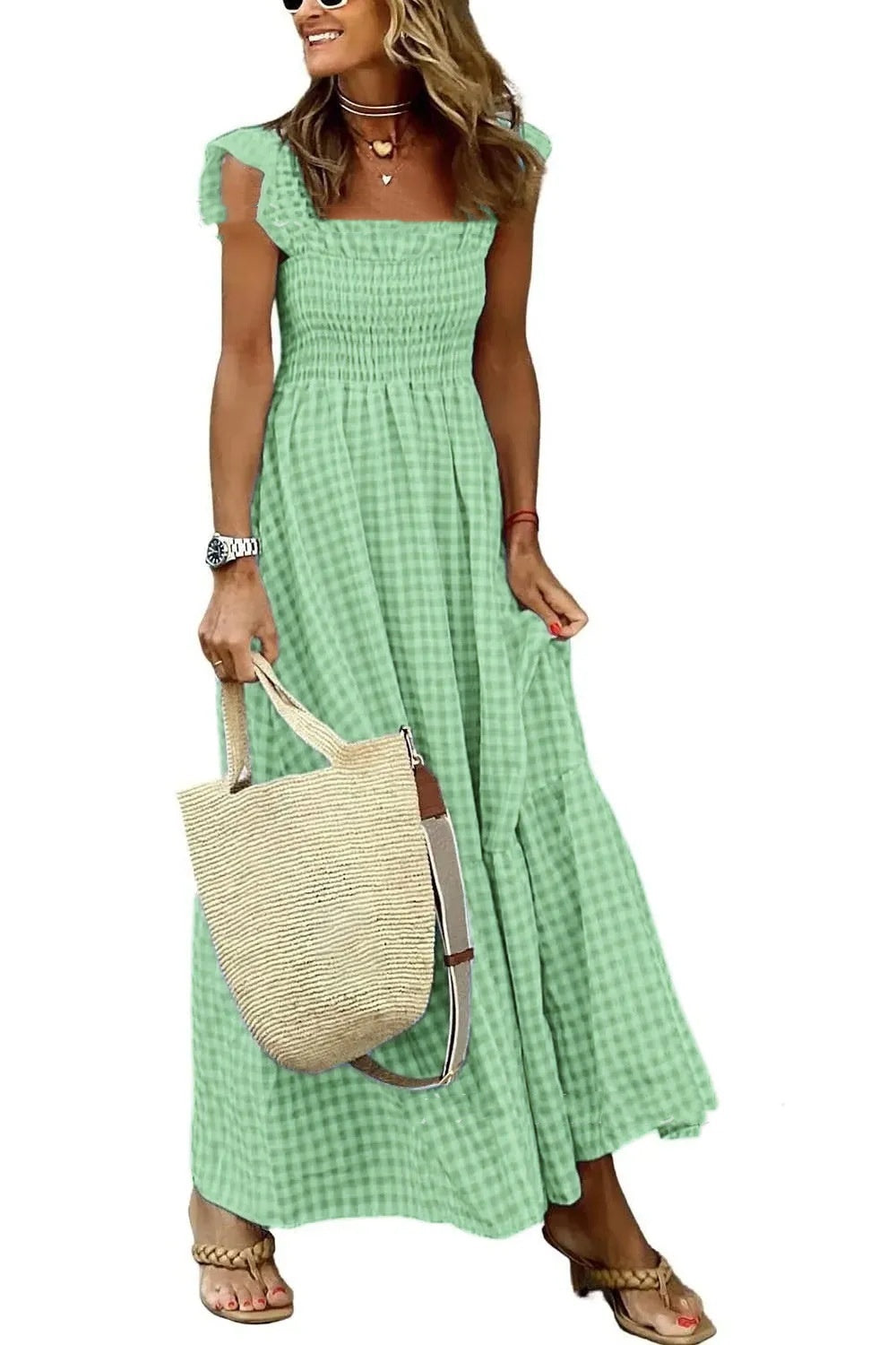 YNES | Geruite Maxi Jurk Dames - Zomerjurk met Ruches - Meerdere Kleuren