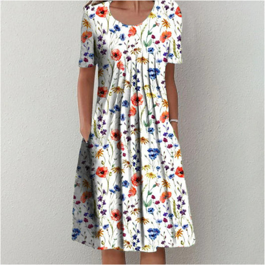 LEXI | Zomerjurk Dames Bloemenprint – Luchtige Korte Mouwen Jurk met Zakken