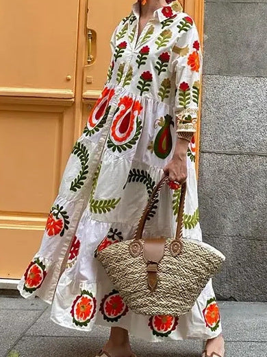 TISCHA | Geborduurde Boho Maxi Jurk – Kleurrijke Zomerjurk met Bloemenprint