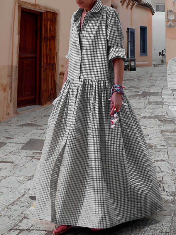 LIZIE | Gingham Maxi Overhemdjurk – Tijdloze Elegantie in Roze, Blauw & Donkergrijs