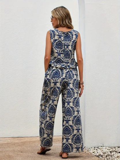 MAREN | Boho Co-Ord Set Dames – Luchtige Tweedelige Outfit met Blauw Witte Print