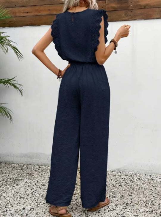 EVELIEN | Jumpsuit met Kanten Mouwdetails – Comfortabele Zomerlook met Wijde Pijpen